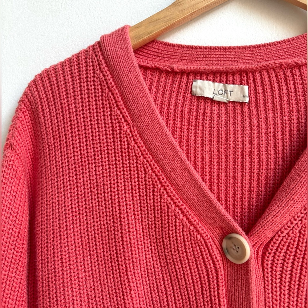 Loft Coral Punchy Pink bright 100% cotton Button-Up Cardigan - Picture 2 of 4